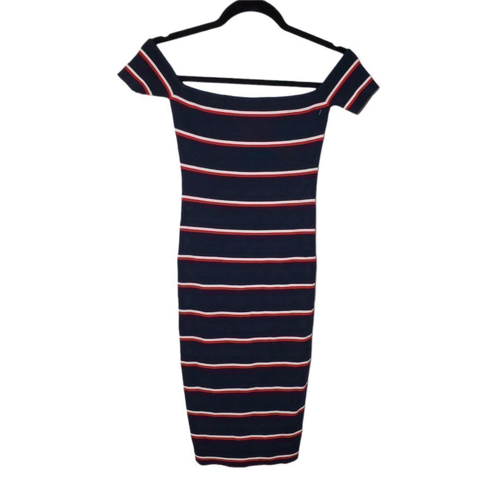 Codigo Size S Sweater Bodycon Off Shoulder Navy Blue/Red/White Stripe Dress.